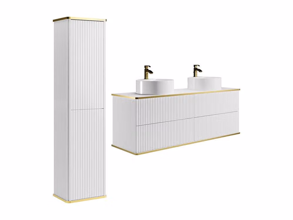 Vente-unique Striped Wall-Mounted Bathroom Vanity Unit and Tall Cabinet in White and Gold – 2