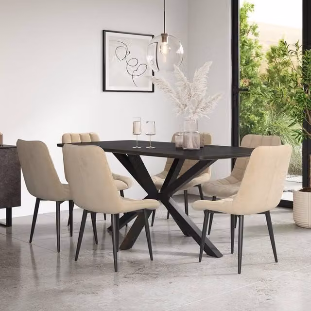 More4Homes Juno Ceramic Dining Table and 8 Nova Velvet Chairs in Beige and Black, W/D/H: 180 x 90 x 75 cm