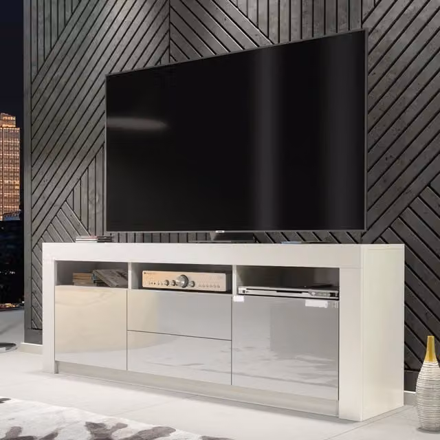 Creative Furniture Modern TV Unit in White with High Gloss Grey Doors, W/D/H: 160 x 35 x 60 cm