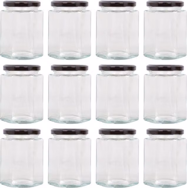 Argon Tableware Hexagonal Glass Jam Jars with Leakproof Screw-Top Metal Lids, 250ml, Black, Pack of 12