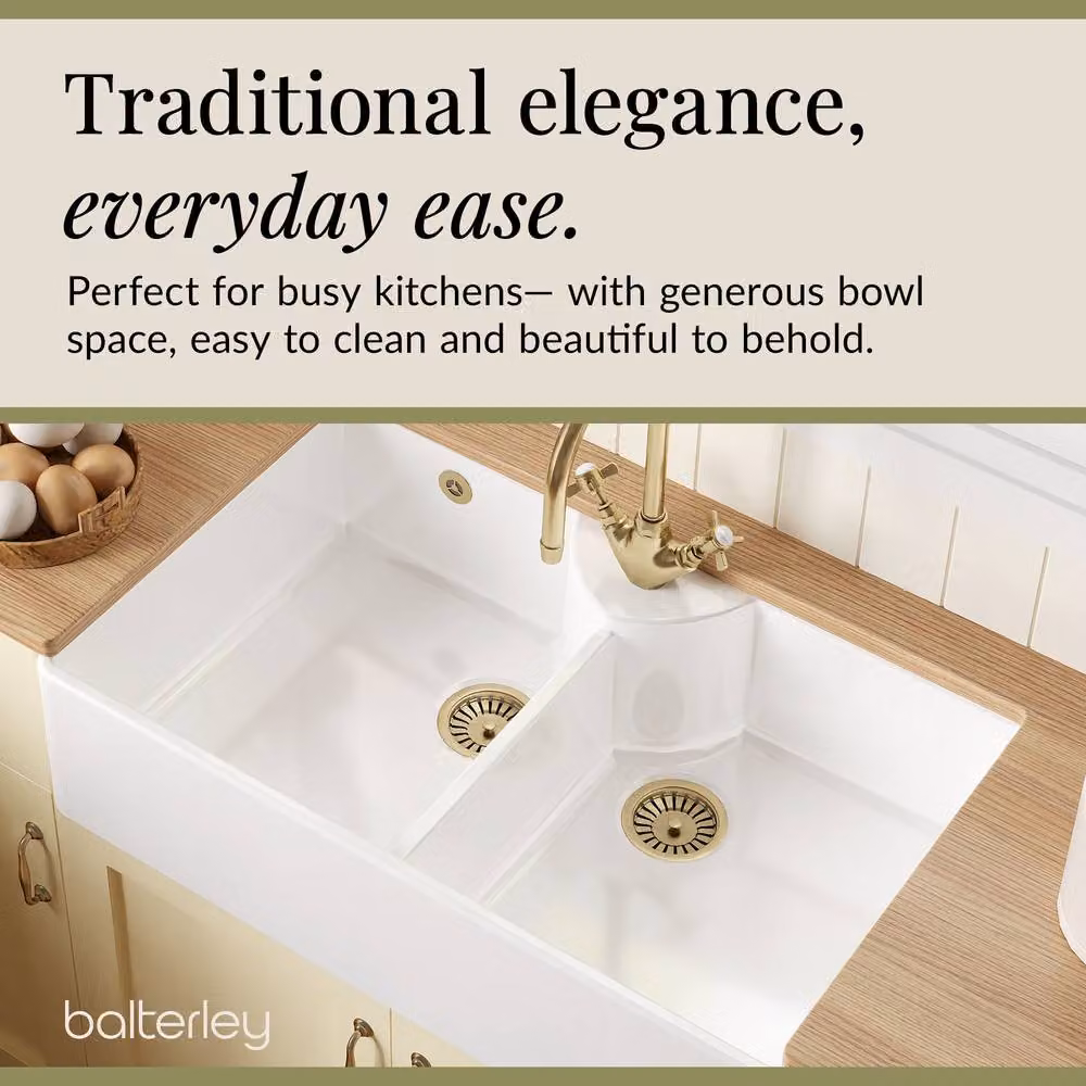 Balterley White Ceramic 2 Bowl Stepped Weir Butler Sink with Tap Ledge and Overflow, Width: 89.5 cm – 2