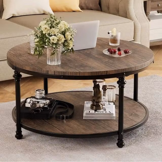 KORVIXA 2-Tier Round Wood Coffee Table with Shelf in Brown, W/D: 100 x 100 cm