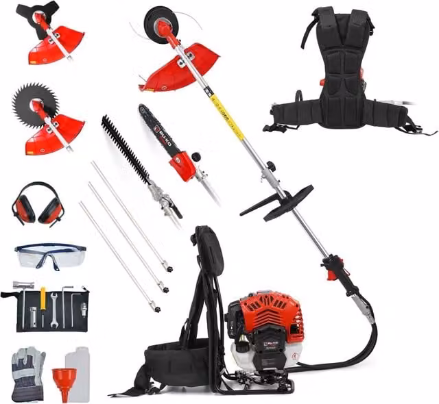 BU-KO 52cc Petrol Backpack Garden Multi Tool with Telescopic Pole, Strimmer, Hedge Trimmer, Pruner and Brush Cutter in Red/Black