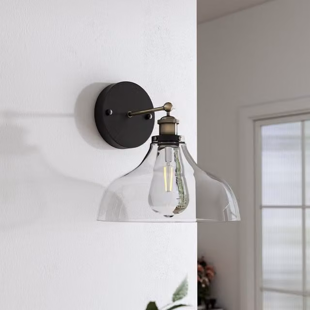 Livingandhome Industrial Wall Sconce with Transparent Cone Glass Shade in Brass