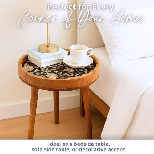 Hartsmede Mango Wood Round Side Table with Paisley Design in Beige, W/D/H: 45.72 x 36 x 47 cm – 5