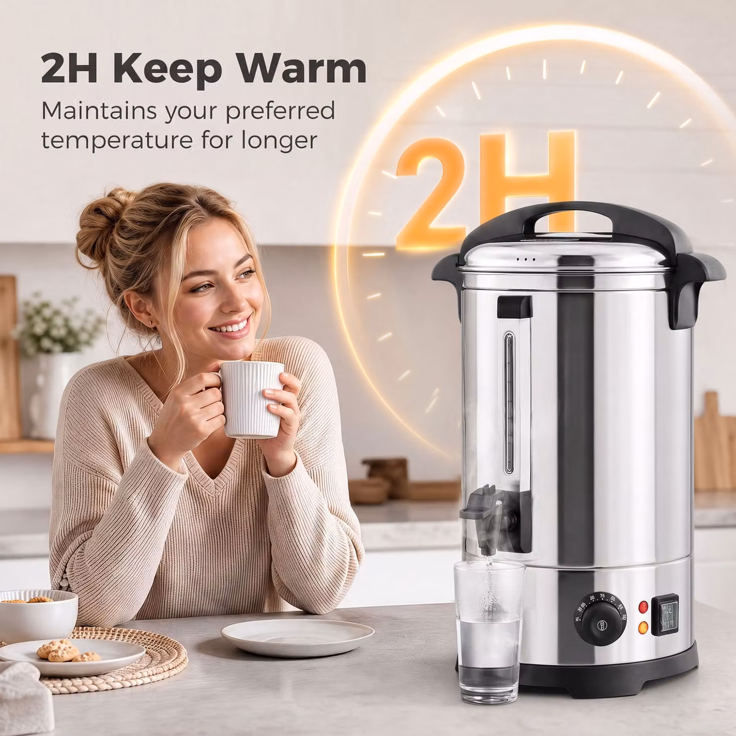 HOMCOM 13L Catering Hot Water Boiler Dispenser, 2500W Stainless Steel Urn in Silver with Thermostat and Keep Warm Function – 5