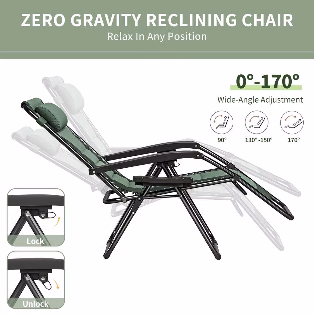 MCC Direct Set of 2 Zero Gravity Reclining Padded Garden Sun Loungers in Green Oxford Fabric – 4
