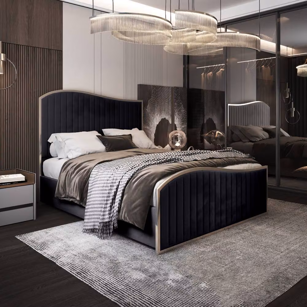 Casani Gainsborough Upholstered Velvet Designer Bed Frame in Black with Metal Accents, W/D/H: 137 x 120 x 200 cm – 2