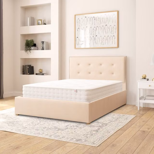 Aspire Presley Fabric Ottoman Storage Bed in Beige Linen Fabric, W/D/H: 140 x 200 cm