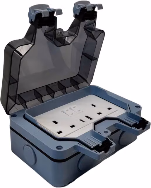 Securlec Weatherproof IP66 Double 2 Gang Switched Outdoor Socket with USB Port in Grey and Black