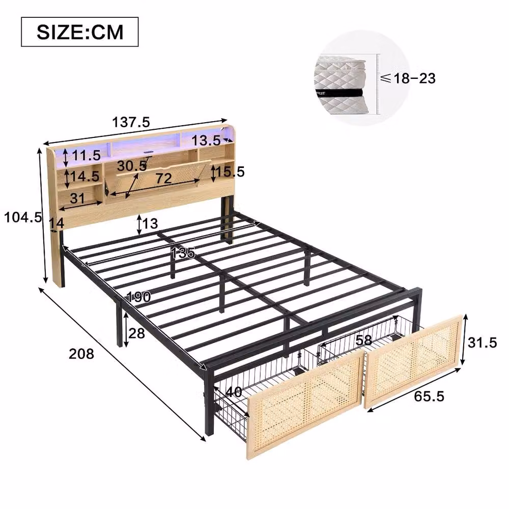 Rolipo Double Wooden Bed with LED Light, USB Charging Port and Storage Drawers in Natural Sand, W/D/H: 140 x 200 x 104.5 cm – 2