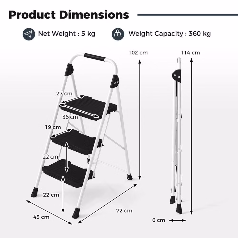 VOGREX 3-Step Folding Step Ladder with Handrail and Rubber Feet, Black – 2