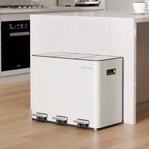 MCC Direct 45L Stainless Steel Kitchen Recycling Pedal Bin with Soft-Close Lids and Removable Inner Buckets, White (3 x 15L) – 3