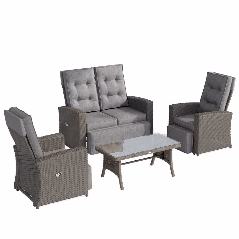ERGOVEXA 4 Piece Grey Polyrattan Garden Furniture Set with Upholstered Cushions and Metal Frame – 5