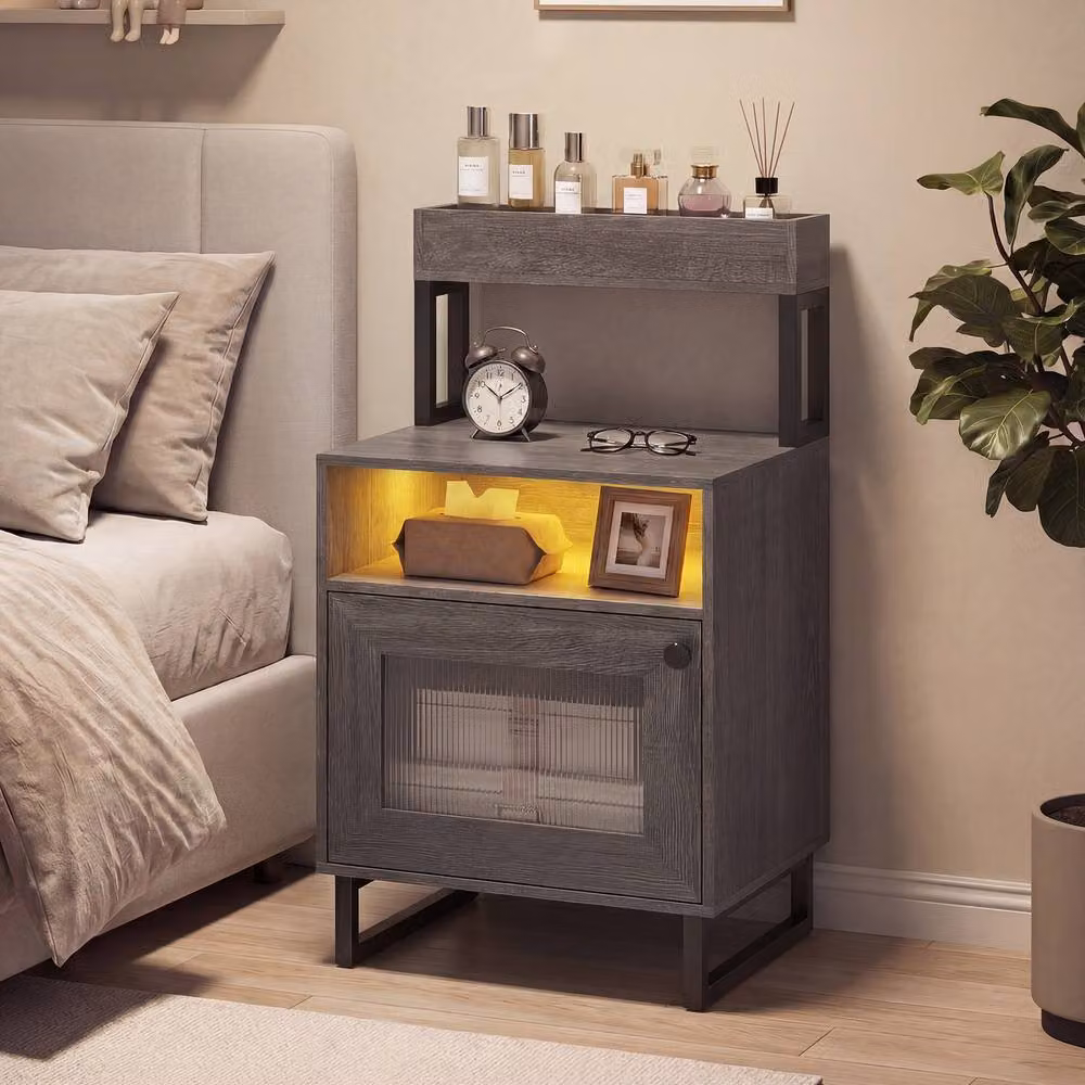 Costway Modern Grey Nightstand with Integrated Lighting and Top Tray – 3