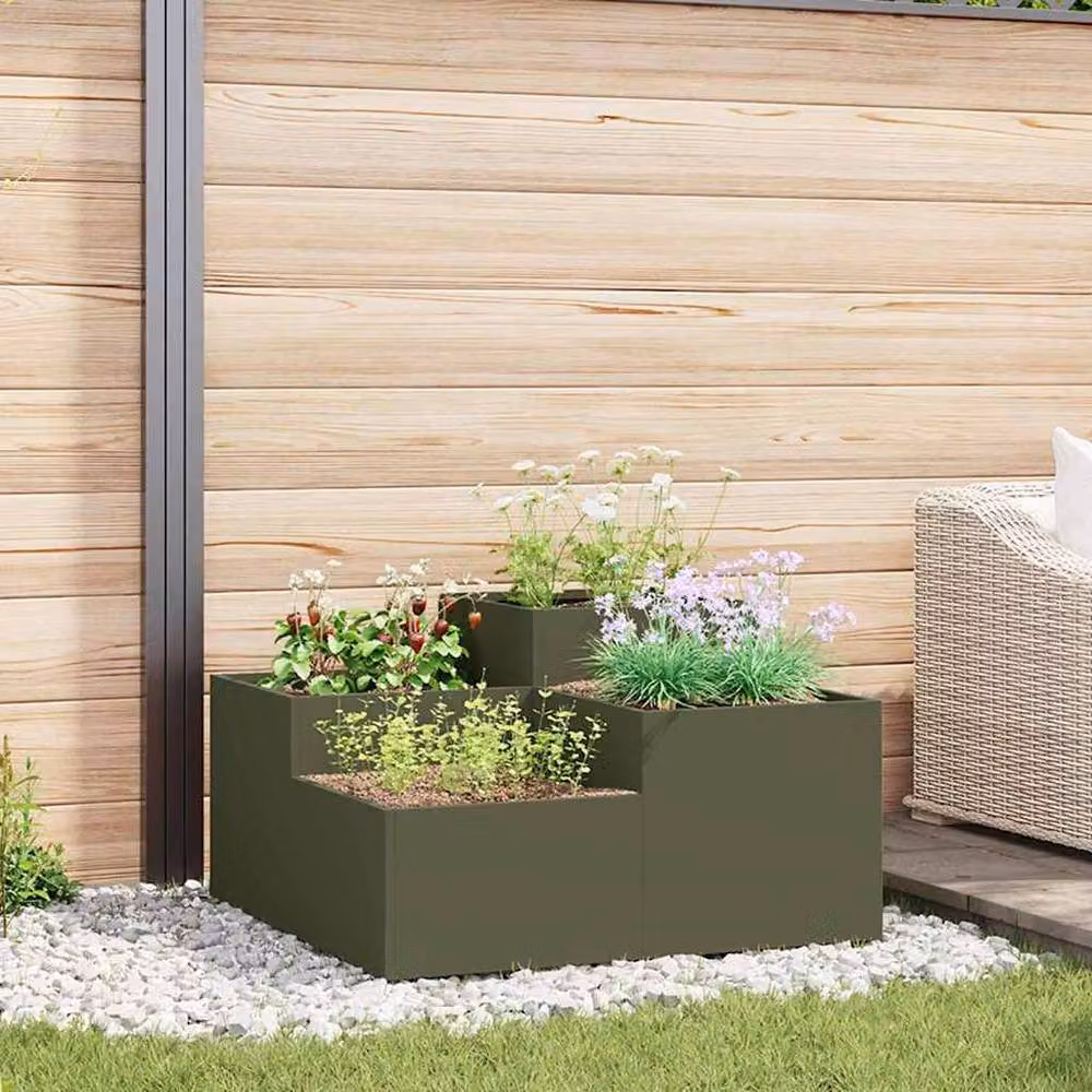 Berkfield Home Green Garden Planter in Olive Green Steel, W/D/H: 80 x 80 x 48 cm – 2