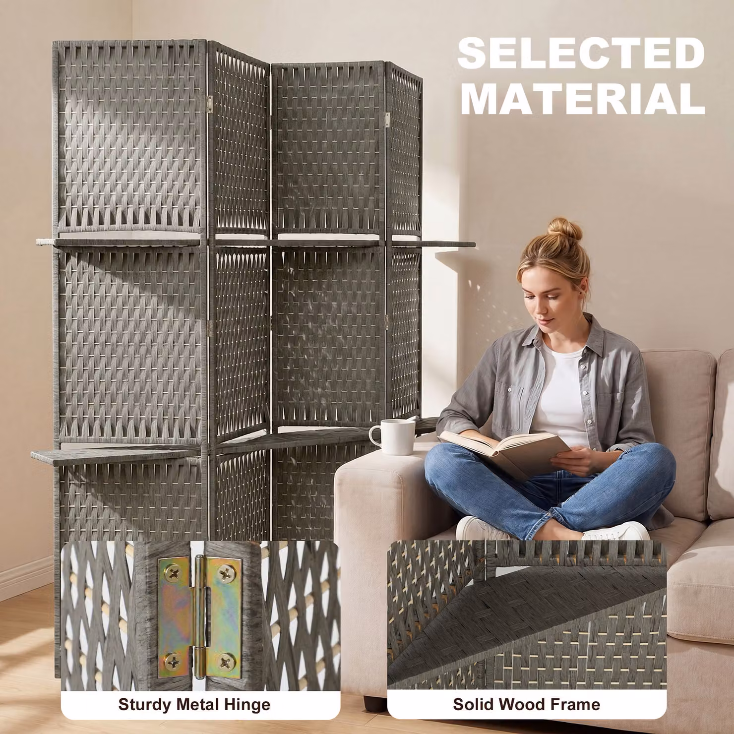 HOMCOM Wave Fibre Freestanding Folding Privacy Screen Room Divider, Grey – 3