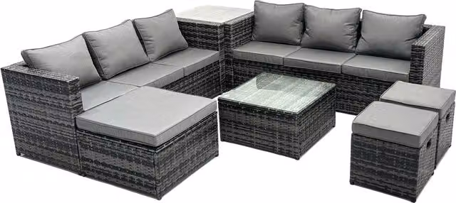 Fimous 9 Seater Patio Lounge Sofa Set with Side Table and 3 Footstools in Dark Grey