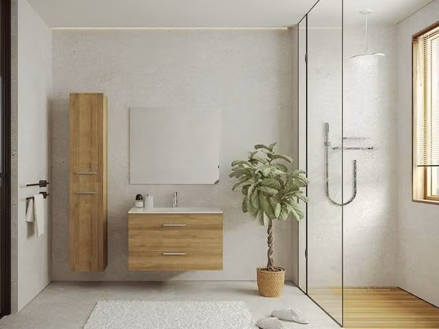 Vente-unique Modern Wall-Mounted Bathroom Unit with Vanity, Tall Cabinet and Storage Column in Light Oak Finish
