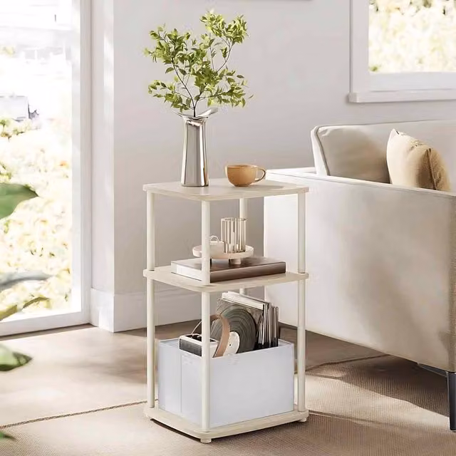 The Bazaarist 3 Tier Modern Side Table and Bedside Table with Beige Fabric Basket in Natural Wood