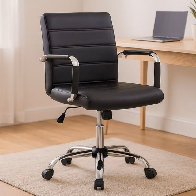 Orsina Ergonomic Black Leather Effect Home Office Chair with Chrome Metal Frame and Castors – 1