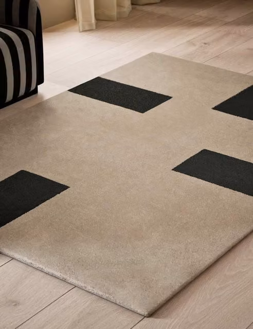 M&S X Kelly Hoppen Pure Wool Geometric Dash Rug in Taupe and Beige Mix