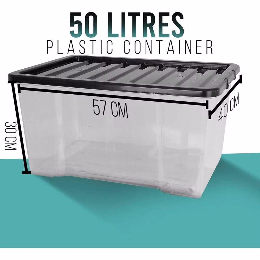 PAWNORA 50L Heavy Duty Stackable Plastic Storage Box with Hinged Lid in Black and Transparent – 2