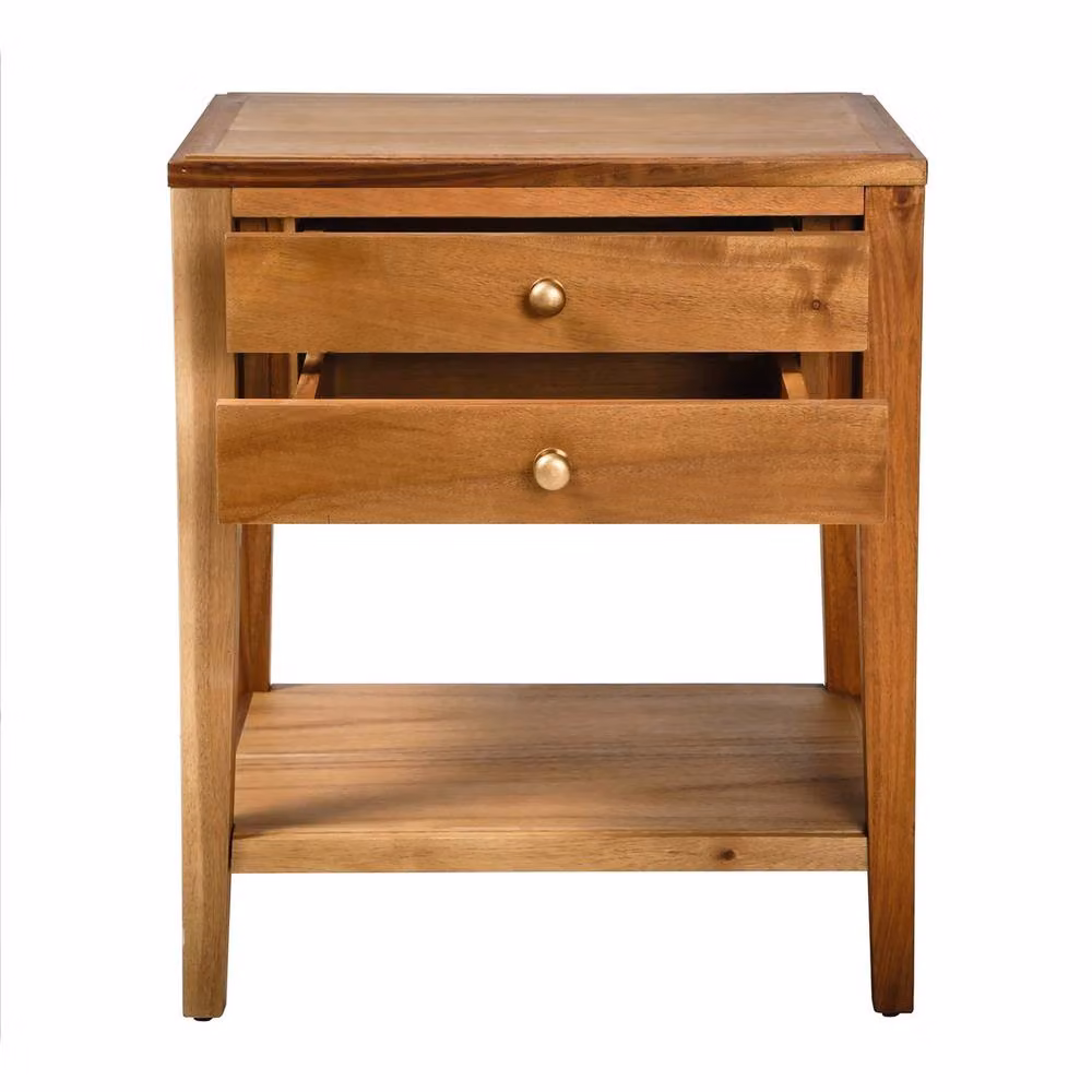 CALICOSY Bedside Table with 2 Drawers in Aged Solid Acacia Wood, Stone Dark Brown, W/D/H: 40 x 50 x 60 cm – 3