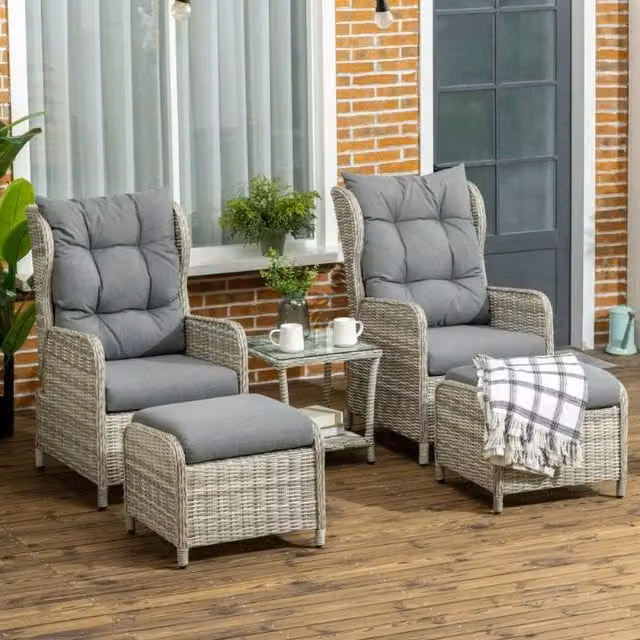 Chilli Seating Milano 5 Piece Grey Rattan Bistro Set with Adjustable Back and Glass Top