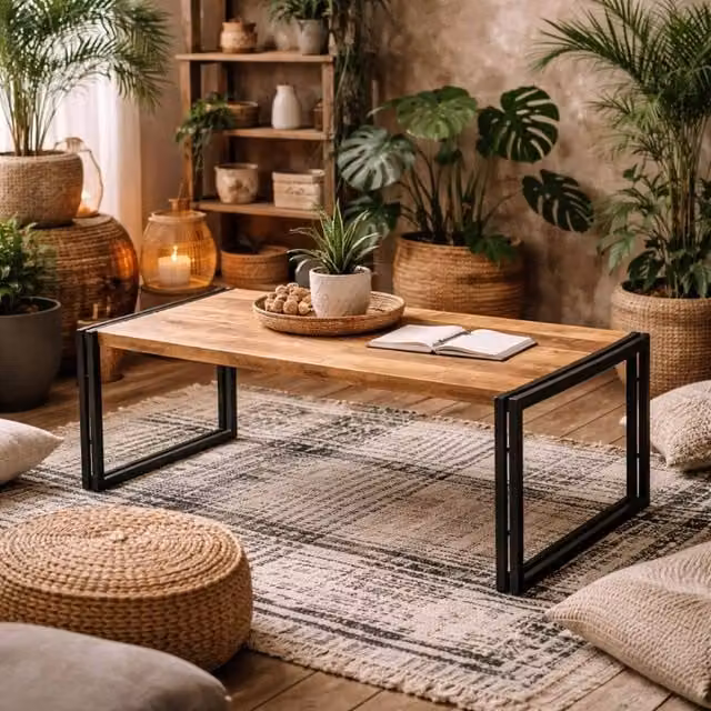 Wyld Haus Toivakka Industrial Reclaimed Wood and Metal Large Rectangular Coffee Table in Brown – 1