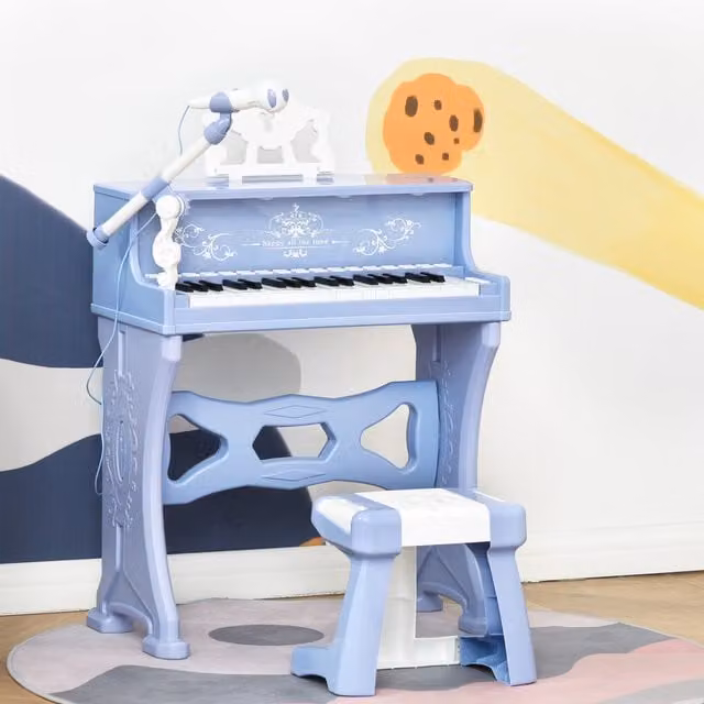 HOMCOM 37 Key Battery Operated Musical Keyboard with Microphone and Stool for Kids in Blue