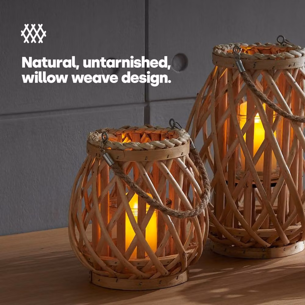 LIVIVO Set of 3 Rustic Willow and Hemp Rope Candle Lanterns in Grey and Beige – 3