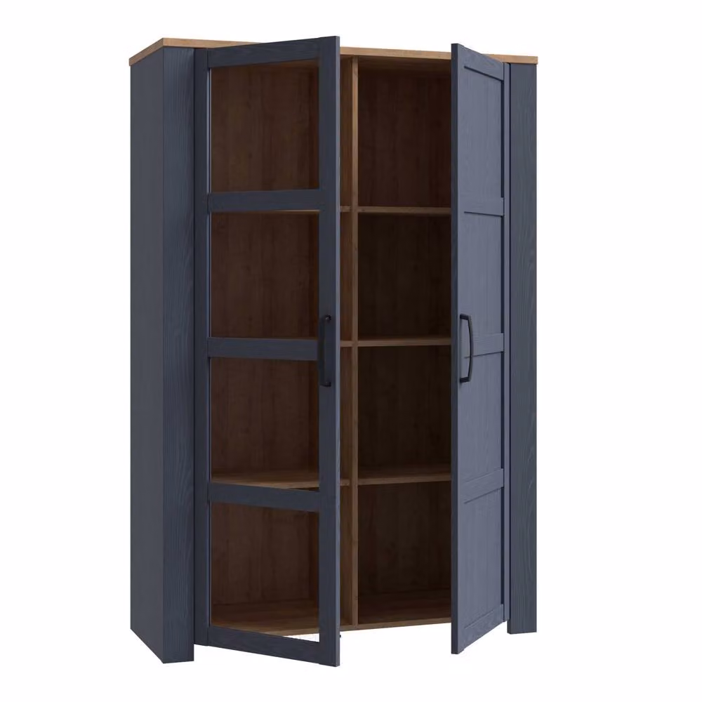 Wyld Haus Bramblecroft Navy and Natural Oak 2 Door Display Cabinet with Glass Doors and Integrated Lighting W/D/H: 106.3 x 42.0 x 160.8 cm – 2