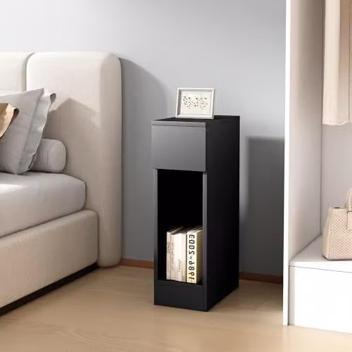 MCC Direct Ava Slim Solid Wooden Bedside Table with Open Shelf and Drawer, Black – 2