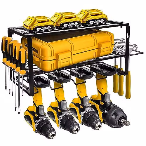 MoDinzo Black Alloy Steel Power Tool Organizer and 3 Layer Floating Shelf Wall Mount Storage Rack – 6