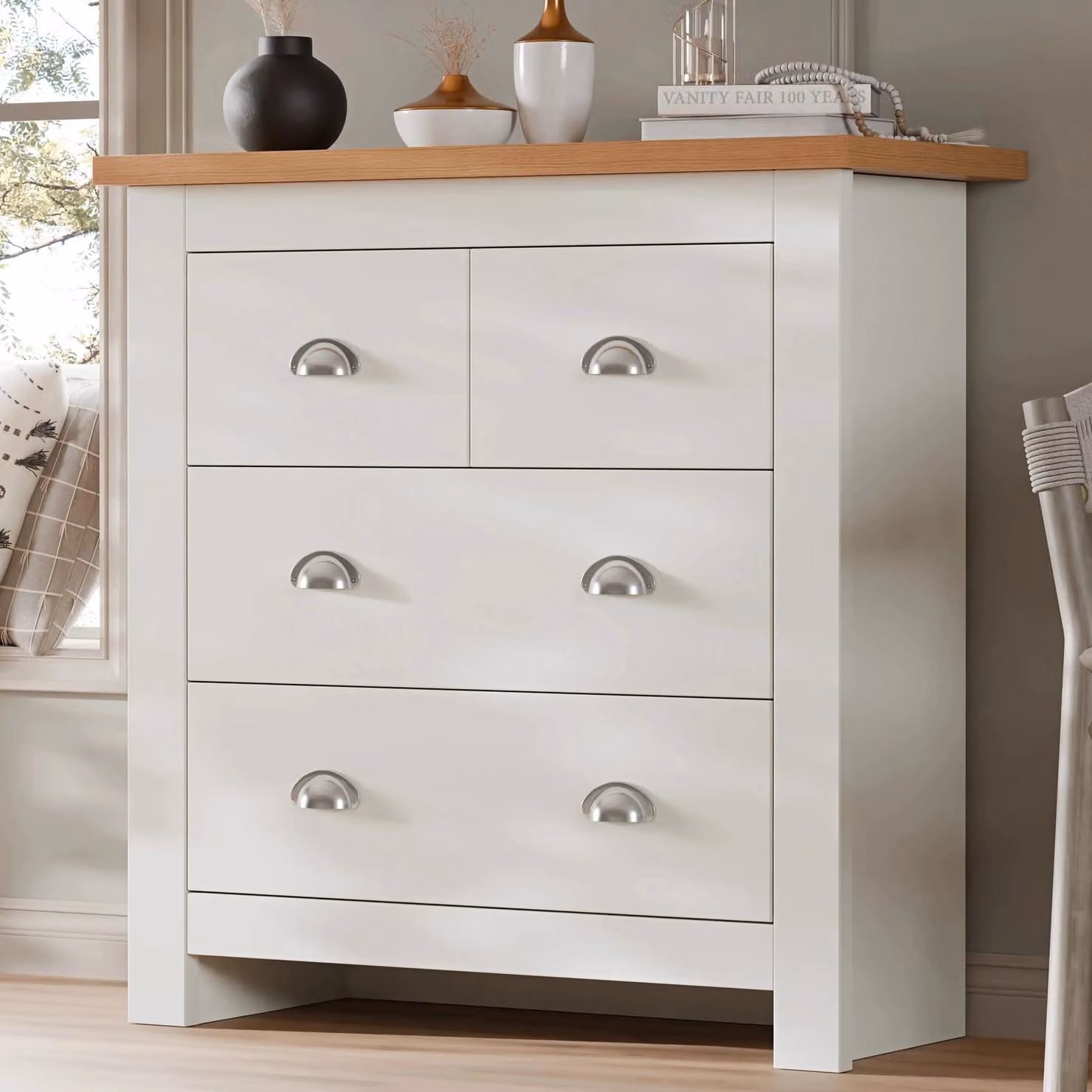 DHS 3 Drawer Shaker Style Chest of Drawers with Oak Top in White or Grey, W/D/H: 75 x 38 x 81 cm