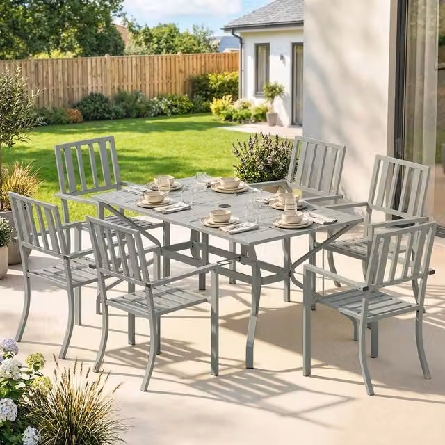 Outsunny 7 Piece Modern Metal Patio Dining Set with Umbrella Hole in Matt Grey