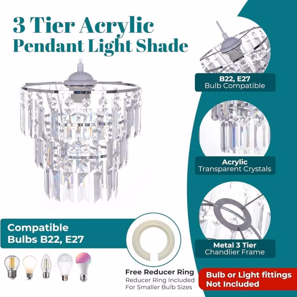 EONLION 3-Tier Crystal Lamp Shade for Ceiling and Table Lamps in Transparent and Chrome – 4