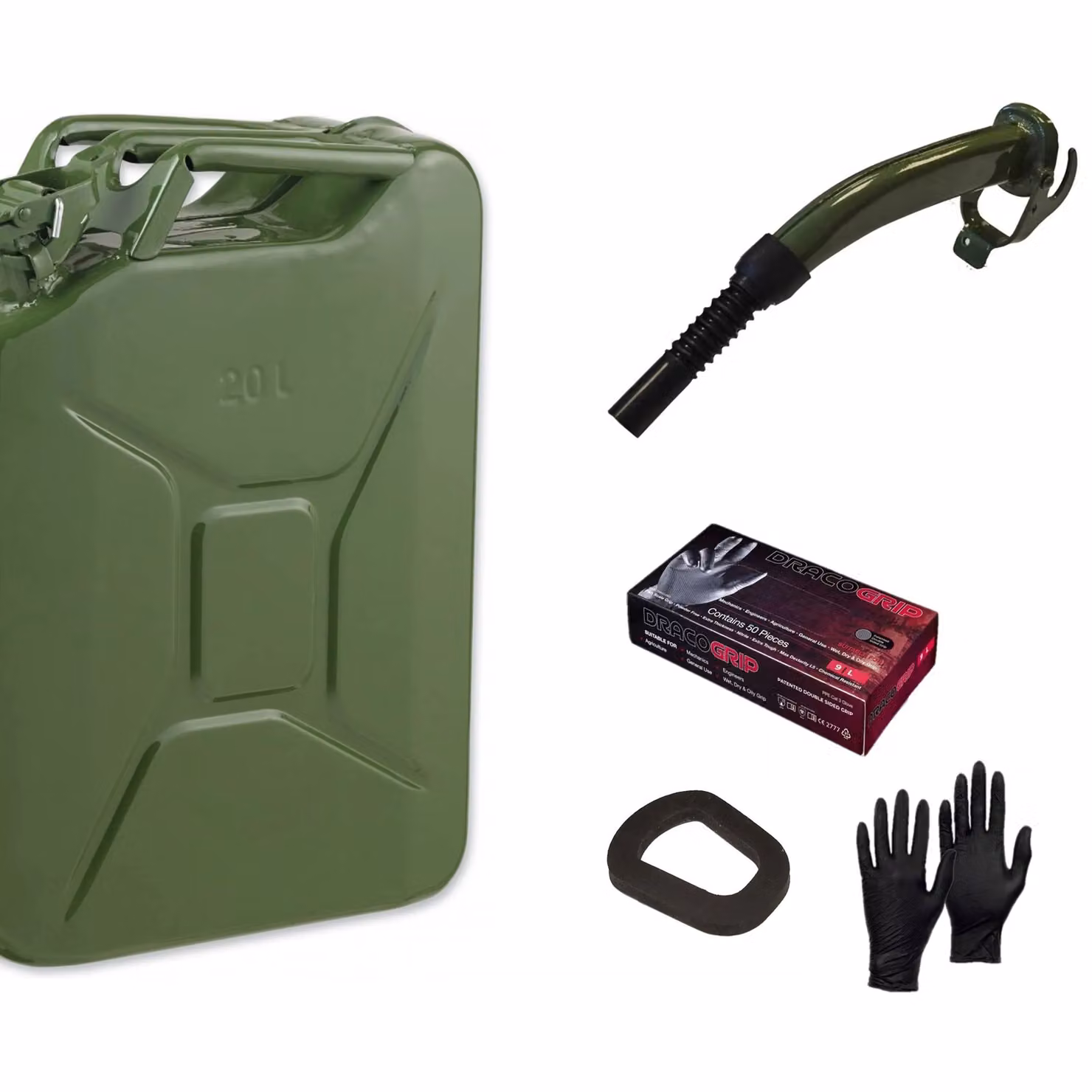 Pegdev 20L Heavy Duty Jerry Can in Dark Green with Metal Spout Replacement Seal and Nitrile Gloves – 3