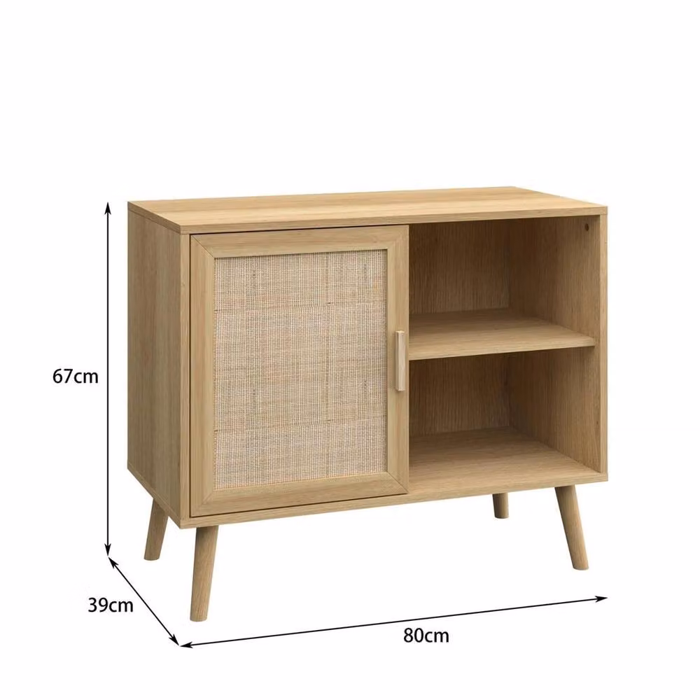 Nordara Mid Century Brown Rattan Door Open Shelving Cabinet – 2