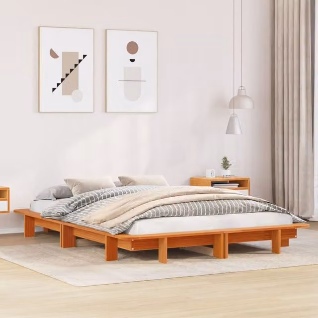 Berkfield Home Small Double Solid Wood Pine Bed Frame in Wax Brown, W/D/H: 120 x 200 cm