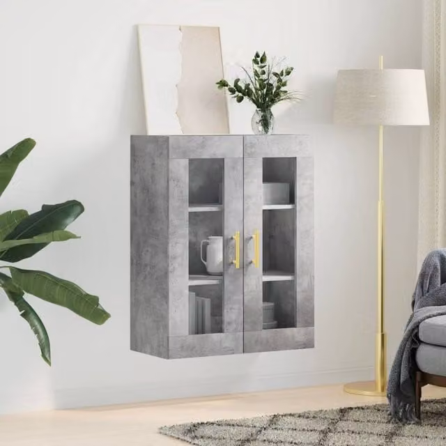 Berkfield Home Wall Mounted Cabinet in Concrete Grey with Glass Doors, W/D/H: 69.5 x 34 x 90 cm