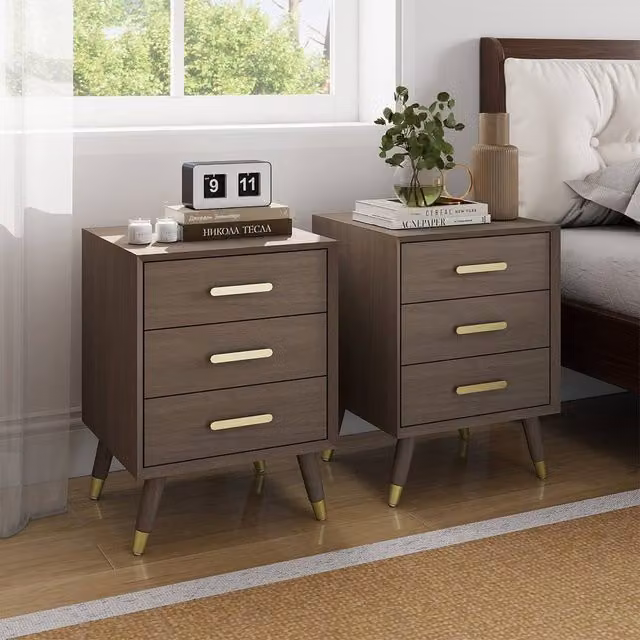 Melody Maison Oslo Pair of 3 Drawer Bedside Tables in Brown Wood and Gold Metal