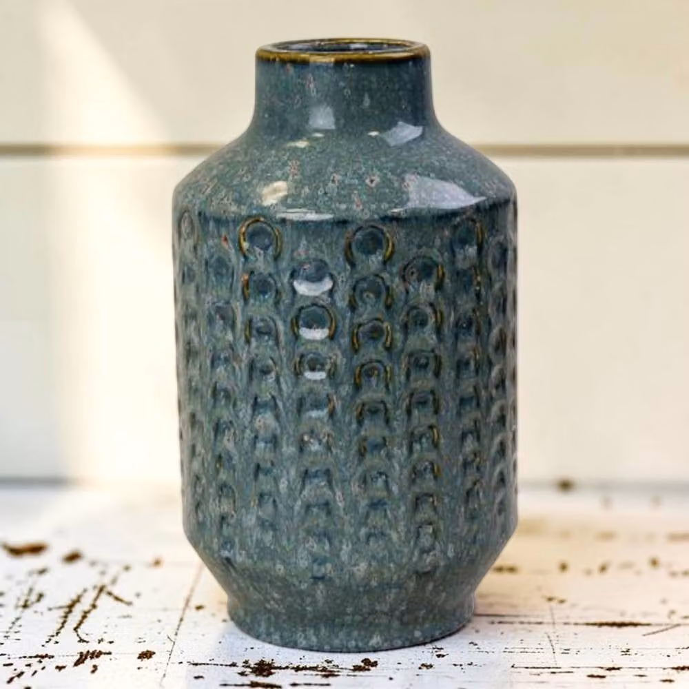 Four Candle Blue Textured Ceramic Geometric Round Tabletop Vase, Height: 25 cm – 2