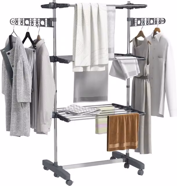 HOMCOM 3-Tier Foldable Clothes Airer in Silver, Stainless Steel Indoor and Outdoor Drying Rack with Wheels and Wings – 1