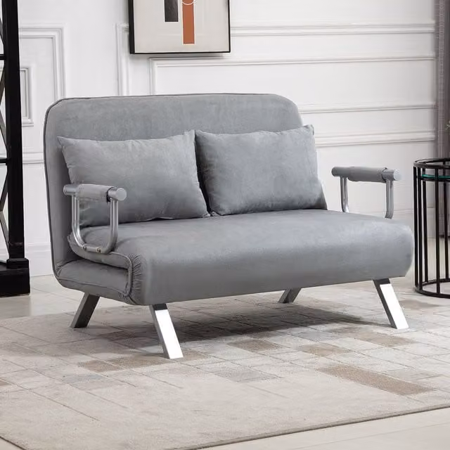 HOMCOM 2 Seater Convertible Click-Clack Sofa Bed with Adjustable Headrest and Scatter Cushions, Grey, 140 x 200 cm