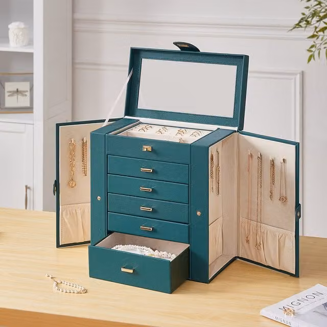 Komore Green and Gold Jewellery Box with Drawers and Mirror