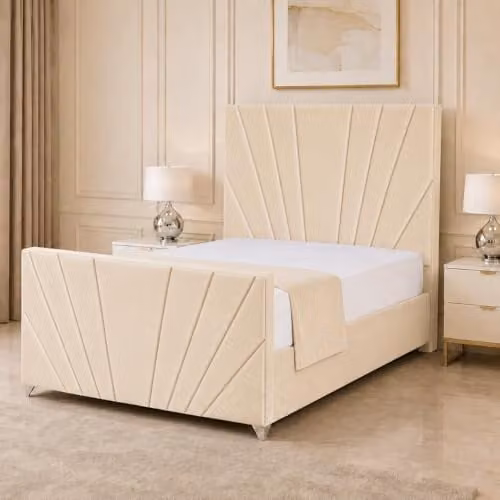 Living Comfort Bedz Sunrise Upholstered King Size Bed in Cream Plush Velvet with Solid Wooden Slats, W/D/H: 180 x 200 x 152.4 cm