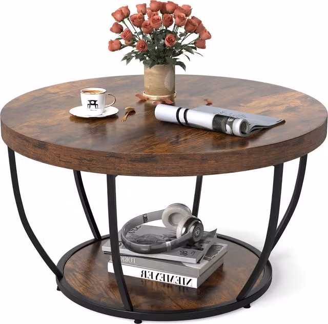 Costway Rustic Round Coffee Table in Brown with Matt Wood and Metal Finish