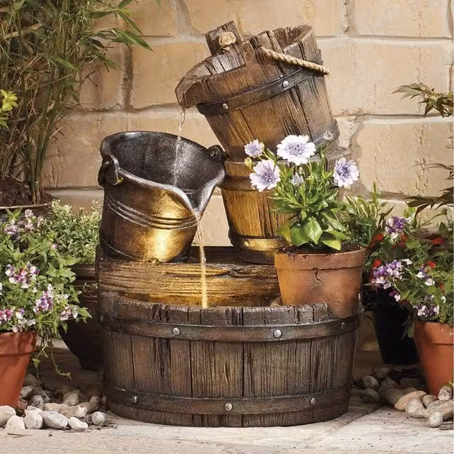 Serenity Cascading Barrel Water Feature with Planter in Brown Composite Resin